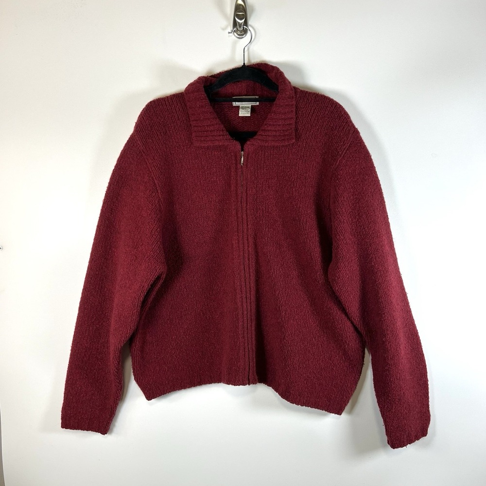 L.L. Bean Wool Blend Sweater Women XL Red Knit Full Zip Fisherman Vintage